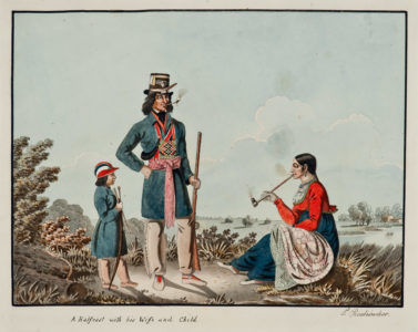 Peter Rindisbacher. A Metis Family (A Half-caste with his Wife and Child), 1825. watercolour, ink on paper. Collection of the Winnipeg Art Gallery. Acquired with financial assistance from the National Museums of Canada, G-82-215.
