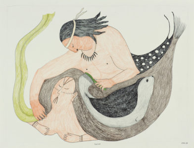 Ningiukulu Teevee. Appeased, 2011. graphite, coloured pencil, and black ink on paper, 49.8 x 65 cm. Collection of the Winnipeg Art Gallery; Acquired with funds from the Estate of Mr. and Mrs. Bernard Naylor, funds administered by The Winnipeg Foundation, 2011-98.⁠