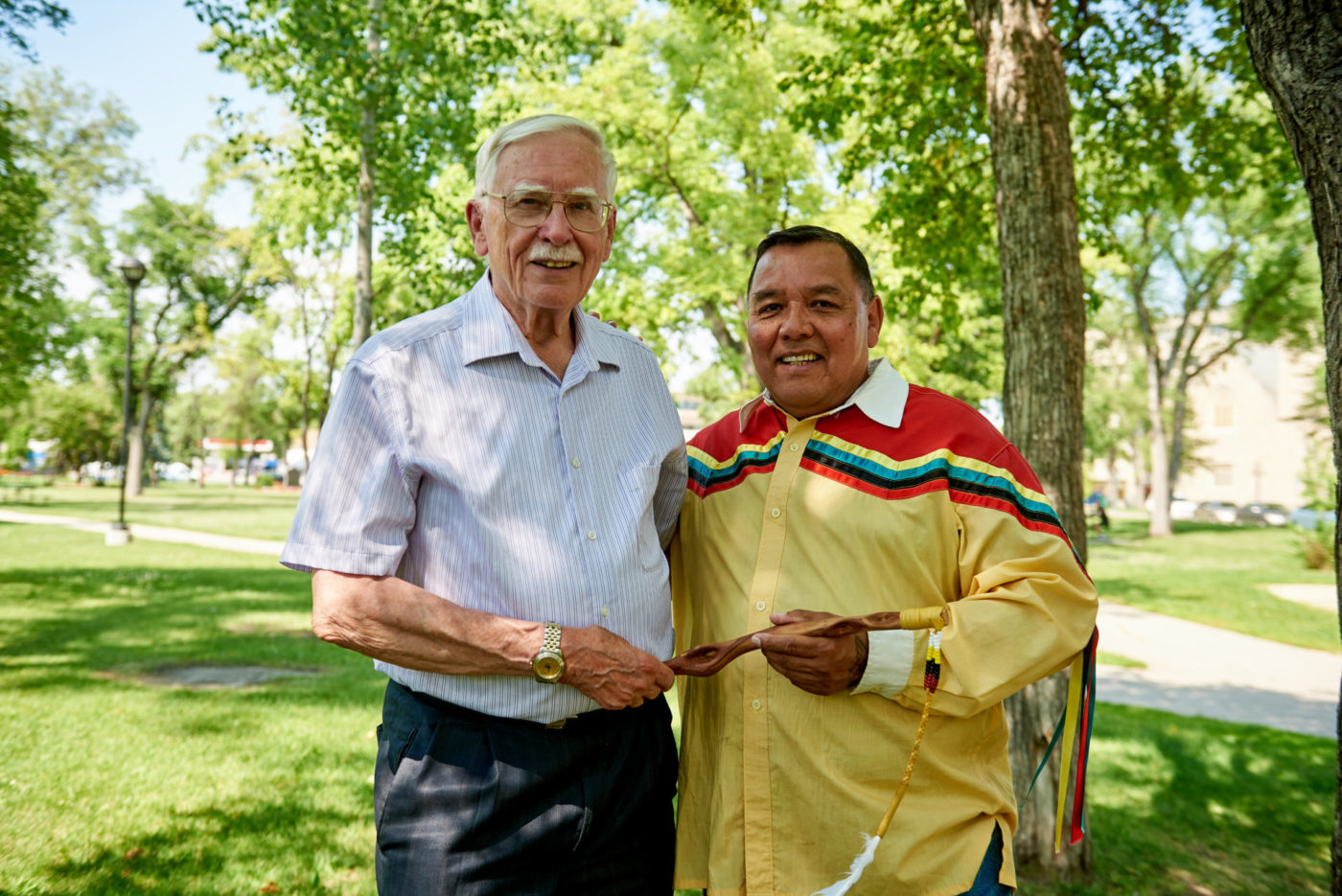 2017 Circles for Reconciliation, supported by the Winnipeg Foundation. Left: Raymond Currie, Project Coordinator; Right: Clayton Sandy, Indigenous Ambassador. Photo: Ian McCausland.