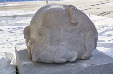 Abraham Anghik Ruben. Time to Play, 2020. Indiana limestone. Collection of the WAG. Commissioned by Tannis M. Richardson, CM, LLD. 4