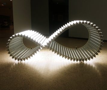 Jonathan Jones (Australian (Kamilaroi/Wiradjuri), b. 1978). untitled, (infinity), 2010. Powder-coated steel; fluorescent tubes and fittings; electrical cable. Collection of the Winnipeg Art Gallery; Gift of the artist, as a tribute to Métis people.