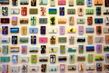 Cliff Eyland. Treaty Landscapes with Art and Crosses of Faith and Lost Faith, assembled in 2017 (detail). 273 paintings: mixed media on MDF board, 3 x 5 x ¾ in. (7.6 x 12.5 x 1.9 cm) each. Collection of the Artist’s Estate. Photo: William Eakin.