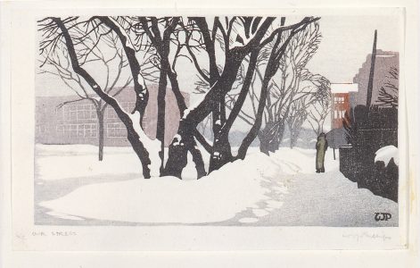 Walter J. Phillips. Our Street, 1933. colour woodcut on paper, 10.2 x 16.6 cm  Image: 8.9 x 15.3 cm. Collection of the Winnipeg Art Gallery; Gift from the Estate of Arnold O. Brigden, G-73-406.