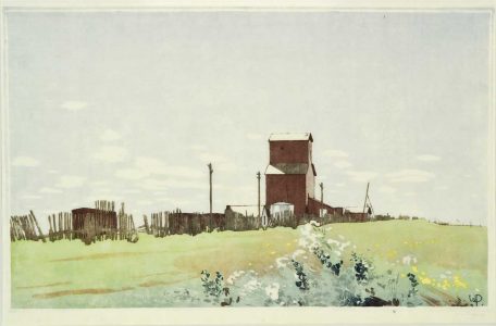 Walter J. Phillips. Grain Elevator at La Salle, Manitoba, 1931. woodblock on paper, 190/200, 22.9 x 34.7 cm  Image: 19.2 x 31.1 cm. Collection of the Winnipeg Art Gallery; Gift from the Estate of Mr. and Mrs. Bernard Naylor, G-88-96. 