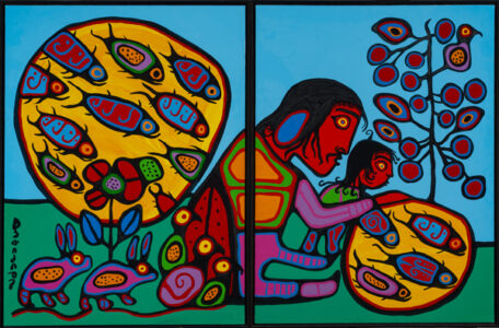 Norval Morrisseau. Grandfather Teaching and Showing Grandson the Values of Shamanic Circle Cycles, c. 1990. Acrylic on canvas. Collection of the Winnipeg Art Gallery; 2018-91.1 and 2.