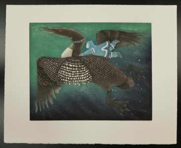 Germaine Arnaktauyok.
The Loon Gives Lumaq His Sight, 4/6, 2003. Etching + aquatint, 24 x 29.5″. $1,150.00, Frame included in price.