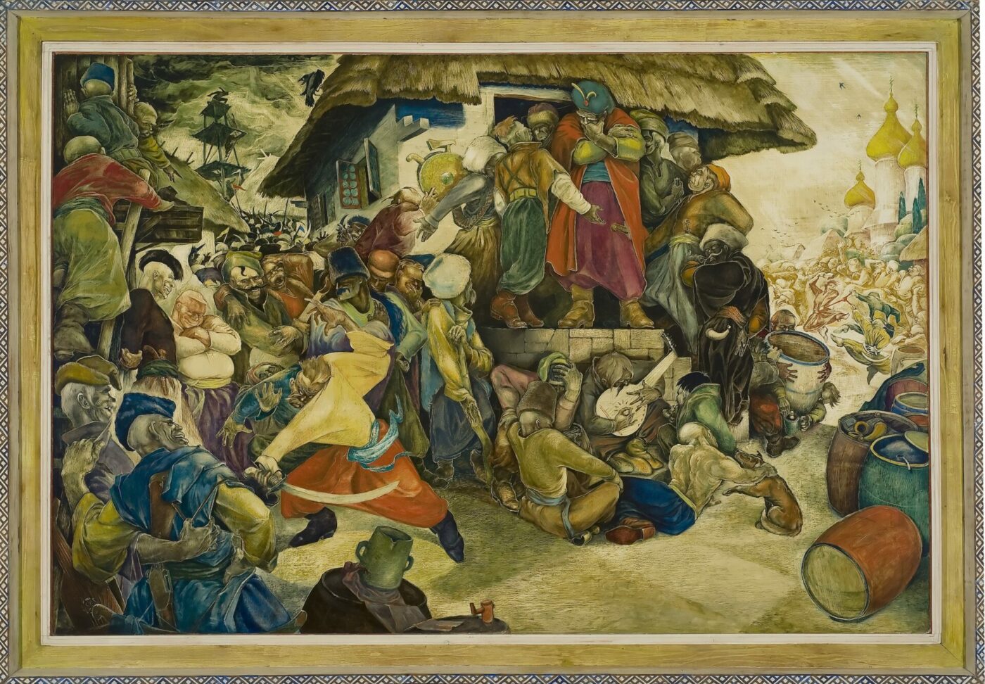 An oil painting of several men fighting, talking, and playing instruments outside of a hut.