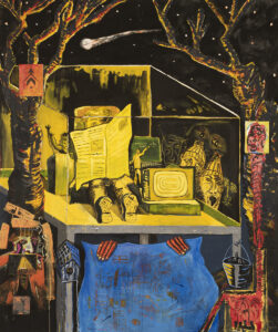 Ron Gorsline. I Read the News Today, 1989. mixed media on canvas, 213.4 x 176.5 x 4.4 cm. Collection of the Winnipeg Art Gallery; Gift of the artist, 2021-72. Photography by Lianed Marcoleta, courtesy of the WAG-Qaumajuq.