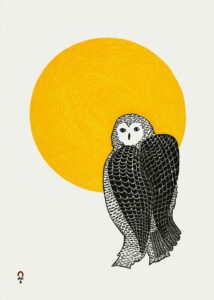 PEE ASHEVAK. Sunlit Owl. Stonecut, Paper: Kizuki Kozo White, Printer: Neevee Jaw. 56 x 39.5 cm. $600