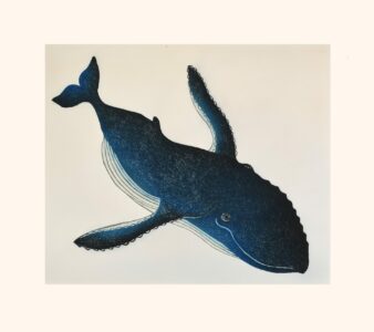 QUVIANAQTUK PUDLAT. Diving Bowhead. Etching & Aquatint, Paper: Arches White, Printer: Studio PM. 70.5 x 79.8 cm. $1000