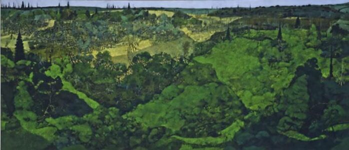 Ivan Eyre. Tanglewood, 1973. acrylic on canvas, 157.8 x 363.7 cm. Collection of the Winnipeg Art Gallery; Gift of the Women's Committee in honour of Winnipeg's Centennial, G-74-38.