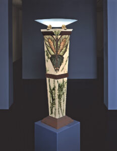 Grace Nickel. Terminus Ultimus, 2002. paper clay, glass, 158 x 38 x 38 cm. Collection of the Winnipeg Art Gallery. Acquired with funds from the Estate of Mr. and Mrs. Bernard Naylor, funds administered through the Winnipeg Foundation, and with funds from the Volunteer Committee to the Winnipeg Art Gallery and the Canada Council for the Arts Acquisition Assistance program/Oeuvre achetée avec l’aide du programme d’aide aux acquisitions du Conseil des Arts du Canada, 2002-44 abc. Photo: Ernest Mayer.