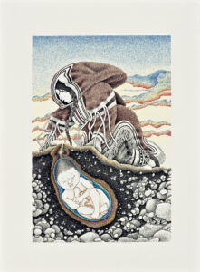Germaine Arnaktauyok, Mother Earth, 2007. ink, coloured pencil on paper. Collection of the Winnipeg Art Gallery. Acquired with funds from the Estate of Mr. and Mrs. Bernard Naylor, funds administered by The Winnipeg Foundation, 2009-399. Photo: Ernest Mayer