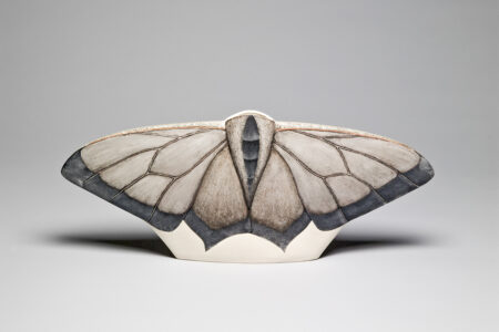 Grace Nickel. Vessel, from the Moth Series, 1989. earthenware, glaze, 20.3 x 49 x 5.4 cm. Collection of the Winnipeg Art Gallery. Acquired with funds from the Estate of Mr. and Mrs. Bernard Naylor, G-91-158. Photo: Ernest Mayer.